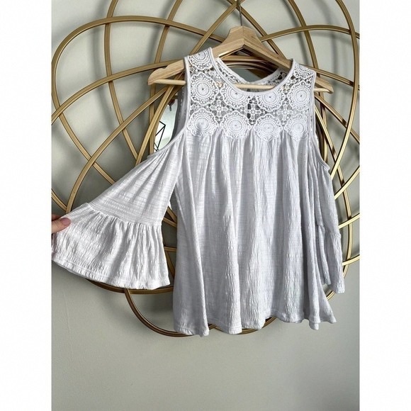 Time and Tru Tops - Time and Tru White Lace Cold Shoulder Blouse